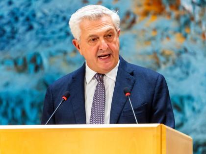 Filippo Grandi, UN High Commissioner for Refugees (UNHCR), delivers a speech during the UNHCR's 76th annual Executive Committee meeting at the European headquarters of the United Nations in Geneva, Switzerland, Monday, October 6, 2025. (Salvatore Di Nolfi/