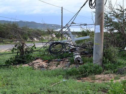 A downed JPS utility pole in Hellshire, Portmore, St Catherine on October 29, 2025 following the passage of Hurricane Melissa.