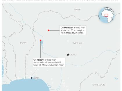 Shows the location of two attacks and abductions from schools in Nigeria over the past week. (AP Digital Embed)