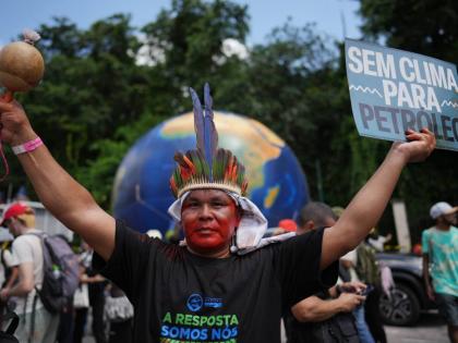 Indigenous activists participate in a climate protest during the COP30 UN Climate Summit, in Belém, Brazil. 