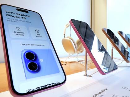 A display of Apple iPhone 16s in an Apple Store in Pittsburgh.