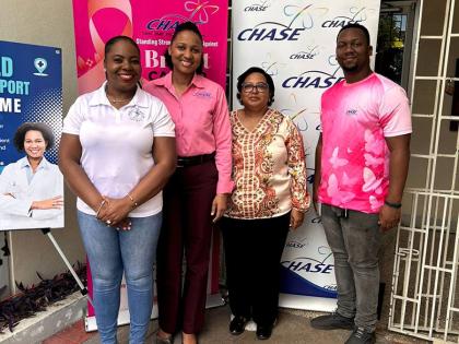 From left; Roshane Reid-Koomson, executive director of the Jamaica Cancer Society, with CHASE Fund’s Project Manager, Latoya Foster;  Hilary Coulton, public relations and administrative manager, CHASE Fund; and Richard Perkins, public relations officer, 