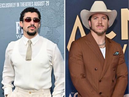 This combination of photos shows Bad Bunny (left) at the première of ‘Caught Stealing’ in New York on August 26, 2025 and Brandon Lake at the 59th Annual Country Music Association Awards in Nashville, Tennessee, on November 19, 2025. 
