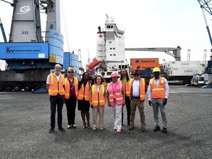 Members of the EU delegation and the Shipping Association of Jamaica team at Kingston Wharves Limited.