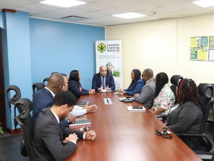 Delano Seiveright, minister of state in the Ministry of Industry, Investment and Commerce,, meets with the full executive management team of the Cannabis Licensing Authority during a recent boardroom briefing and working visit to the Authority’s offices.