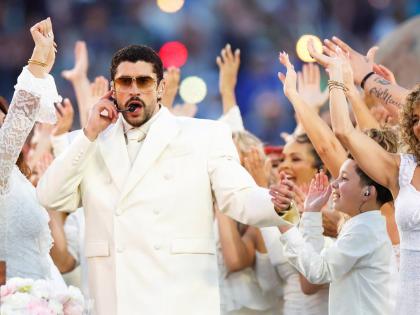 Bad Bunny performs during the halftime show of Super Bowl 60 between the Seattle Seahawks and New England Patriots in Santa Clara, California.