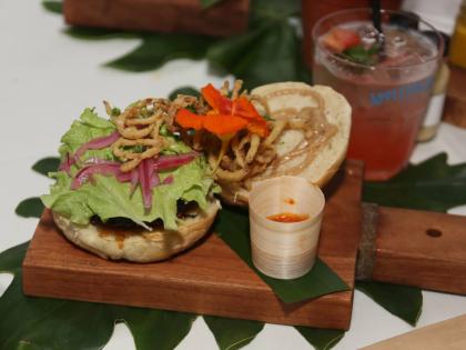 The beet and fetta burger, served with cho-cho fries. 