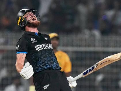 New Zealand’s Finn Allen reacts after hitting the winning runs and finishing his century during the first T20 World Cup semi-final match against South Africa in Kolkata, India, yesterday.
