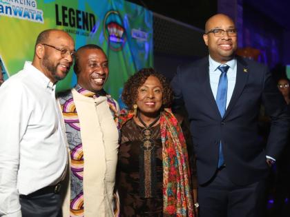 Mayor of Ocho Rios, Michael Belnavis; Mayor of Kingston, Andrew Swaby; Entertainment Minister, Olivia Grange; and State Minister in the Ministry of Industry, Investment and Commerce, Delano Seiveright, are all smiles at the recent launch of Vacae Weekend.