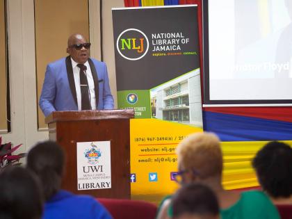 Senator Professor Floyd Morris, director of the Centre for Disability Studies, UWI, Mona, during his keynote address at the JAMLIN JSL training programme launch at The University of the West Indies, Mona, on March 2.