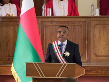 Colonel Michael Randrianirina delivers his speech at the high constitutional court after being sworn in as president in Antananarivo, Madagascar, Friday, October 17, 2025. (AP Photo/ Brian Inganga)