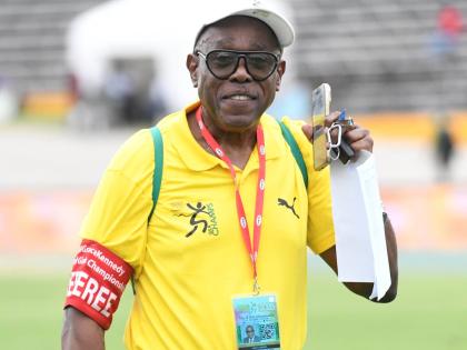 Panel of Referees head, veteran track and field official, Ian Forbes at the National Stadium for the ISSA/GraceKennedy Boys and Girls' Athletics Championships yesterday. 