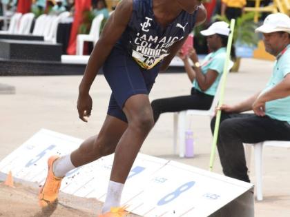 Nathan-Neil Heirs of Jamaica College won gold in the boys Class Three long jump at Champs 2026 