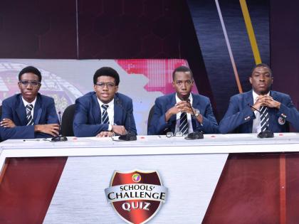 The Jamaica College Schools' Challenge Quiz team at the 2026 final against Westwood High School in April 2. (Antoine Lodge photo)