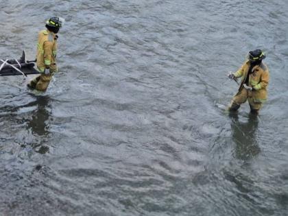 Firefighters transporting a man who fell from a bridge in St Thomas on April 3, 2026. He was taken to hospital, where he was pronounced dead.