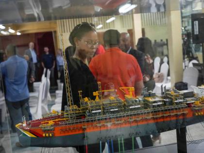 A small-scale model of the Fpso Liza Destiny oil drilling ship is on display during the inauguration of a permanent exhibit by ExxonMobil Oil at the Guyana National Museum in Georgetown, Guyana, in 2023.