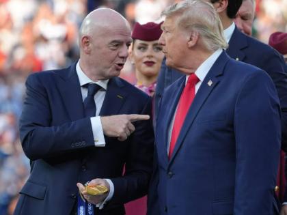 FIFA President Gianni Infantino, left, and President Donald J. Trump talk as they wait to congratulate the Spanish players after the World Cup final football match between Spain and Argentina in East Rutherford, N.J., near New York, Sunday, July 19, 2026. 