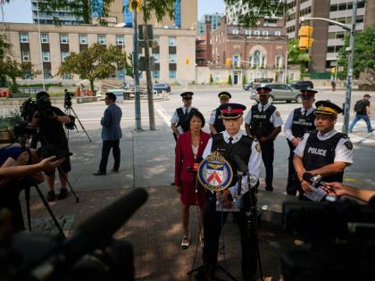 Toronto Police Deputy Chief Frank Barredo speaks to media after a shot was fired at the U.S. Consulate in Toronto, on Monday, July 27, 2026. (Sammy Kogan/The Canadian Press via AP)