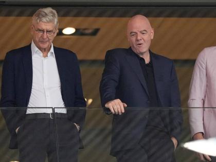 FIFA president Gianni Infantino (right) and Arsene Wenger, Chief Officer (FIFA) and former football coach arrive for the Women’s Euro 2025 quarterfinals football match between Sweden and England at Stadion Letzigrund in Zurich, Switzerland, Thursday, Jul