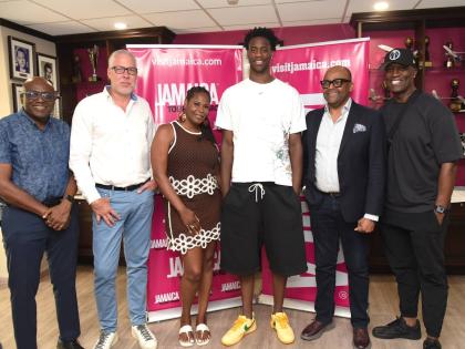 From left: Paulton Gordon, President of the Jamaica Basketball Association (JaBA); Philip Rose, Deputy Director of Tourism for the Americas; Chelsea Hudson-Dybantsa, Mother of A.J Dybantsa; Anciet Francois Dybantsa, number-one pick in the 2026 NBA Draft; D