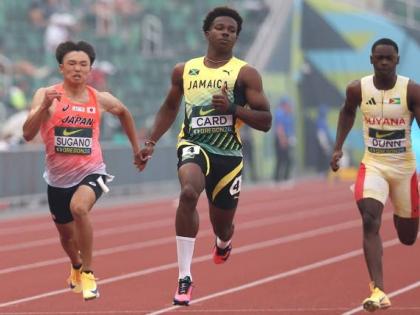 From left: Malaysia’s Danish Iftikhar Muhammad Roslee, Switzerland’s Akira Eghagha, Japan’s Kai Sugano, Jamaica’s Gary Card, and Guyana’s Onesi Dunn compete in a 100-metre semi-final at the World Athletics Under-20 Championships in Eugene, Oregon