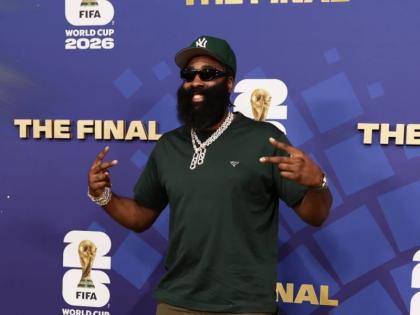 James Harden arrives before the World Cup final match between Spain and Argentina in East Rutherford, New Jersey, Sunday, July 19, 2026.  