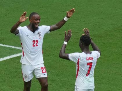 England’s Bukayo Saka (left) celebrates scoring their third goal with Ivan Toney during the World Cup third-place playoff match between France and England in Miami Gardens, Florida., Saturday, July 18, 2026.