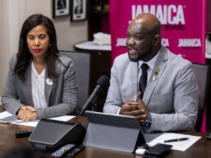 Chairman of JAPEX 2026, Nicola Madden-Greig (left), and President of the Jamaica Hotel and Tourist Association (JHTA), O'Brian Heron, at the launch of JAPEX 2026 at the Jamaica Tourist Board offices in Kingston on Monday. – Contributed photo
