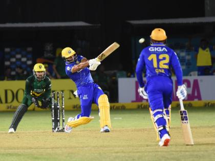 Barbados Pride's Brandon King (centre) swings to leg during his innings of 76 against the Jamaica Kingsmen in their Republic Bank Caribbean Premier League game at Sabina Park earlier tonight. The Tridents won by five runs.