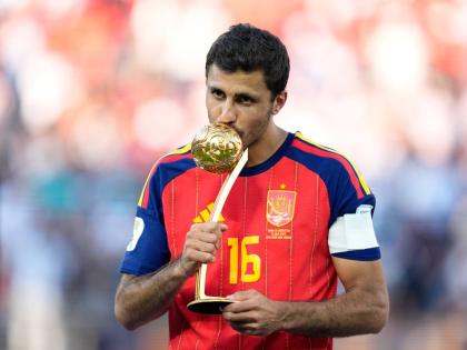 Spain’s Rodri poses with the tournament’s best player award at the end of the World Cup final between Spain and Argentina in East Rutherford, New Jersey, on July 19, 2026. 