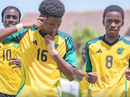 Jamaica U14 players celebrate a goal during their Caribbean Football Union Under-14 Challenger Series against Curaçao.