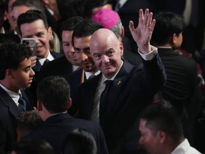 FIFA President Gianni Infantino arrives for the inauguration of President Abelardo de la Espriella in Cali, Colombia, Friday, Aug. 7, 2026. (AP Photo/Matias Delacroix)