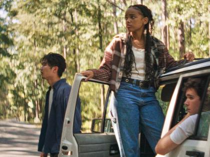 This image released by Neon shows (from left) Phinehas Yoon,  Akira Jackson, and Noah Toth in a scene from ‘It Ends’. 