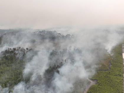 In this aerial photo relased by Indonesia's National Disaster Mitigation Agency (BNPB) on Friday, Aug. 21, 2026, smoke billows as a wildfire razes through a peatland forest in Bulungan, North Kalimantan, Indonesia. (BNPB via AP)
