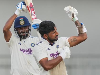 India’s Dhruv Jurel celebrates his century as batting partner India’s Mohammed Siraj, left, watches during day two of the second cricket Test match between Sri Lanka and India in Colombo, Sri Lanka, Monday, August 24, 2026.