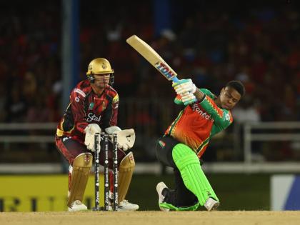 Shimron Hetmyer swings for the fences during a Republic Bank Caribbean Premier League game against the Trinbago Knight Riders at thee Queen’s Park Oval on Monday.  