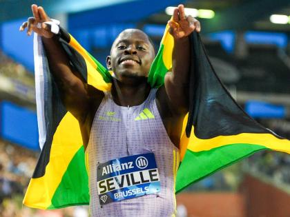 Jamaica’s Oblique Seville celebrates after capturing the men’s 100 metres at yesterday’s Wanda Diamond League Finals in Brussels.