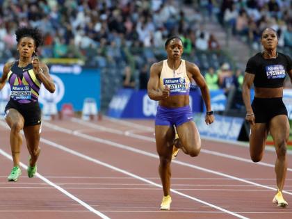 From left: Sha’Carri Richardson of the United States, Jamaica’s Tina Clayton and Jonielle Smith compete during the women’s 100-metre final at the Wanda Diamond League Final meeting in Brussels, Belgium on Saturday. Clayton won in 10.93 seconds.