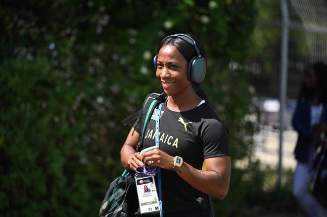 Shelly-Ann Fraser-Pryce arrives for training at the Athletic Stadium at the Oi Central Seaside Park Sports Forest in Tokyo, Japan, on Thursday.
