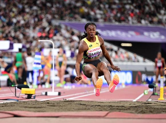 Ackelia Smith of Jamaica competing in the women’s long jump qualifiers group A at the World Athletics Championships at the National Stadium in Tokyo, Japan.