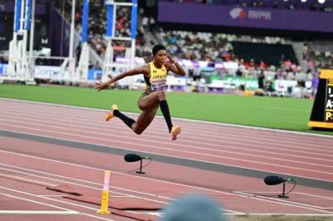 Shanieka Ricketts in action during the qualification round of the women's triple jump at the World Athletics Championships inside the Japan National Stadium earlier today. 