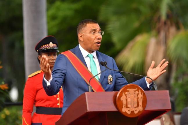 Prime Minister Dr Andrew Holness delivering his address after taking the Oath of Office at his swearing-in at King's House on September 16.