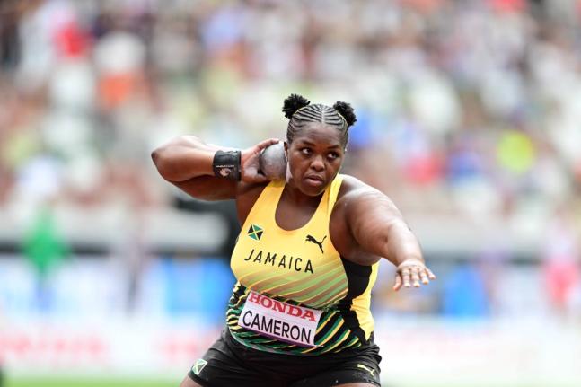 Lloydricia Cameron competing in the women's shot put at the Tokyo World Athletics Championships.
