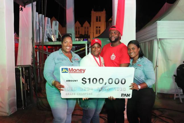 Sanya Wallace-Innerarity (left), assistant general manager – strategy, marketing & sales, JN Money, and Cedrica Reid (right), marketing and sales manager, JN Money, celebrate with April Taylor (second left) and Craig Townsend, her business partner, for w