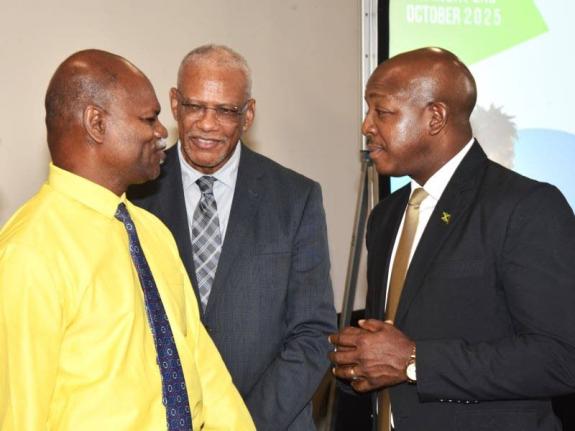 Minister of Labour and Social Security, Pearnel Charles Jr ( right), converses with Executive Director of the Jamaica Society for the Blind, Conrad Harris (left), and Director of Stakeholder Engagement at the Caribbean Telecommunications Union (CTU), Trevo