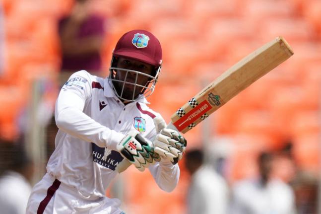 
West Indies’ Alick Athanaze plays a shot on the third day of the first Test cricket match against India at Narendra Modi Stadium in Ahmedabad, India yesterday.