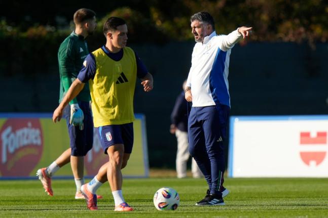 Italy’s coach Gennaro Gattuso gestures during a training session ahead of today’s World Cup 2026, Group I qualifying  match against Israel at the Bruseschi training centre in Udine, Italy, yesterday.
