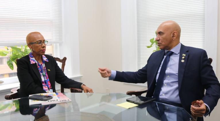 Jamaica’s Ambassador to the United States Major General (ret’d) Antony Anderson right engages Minister of Finance and the Public Service Fayval Williams in discussion during  a courtesy call on ambassador Anderson on Monday. 
