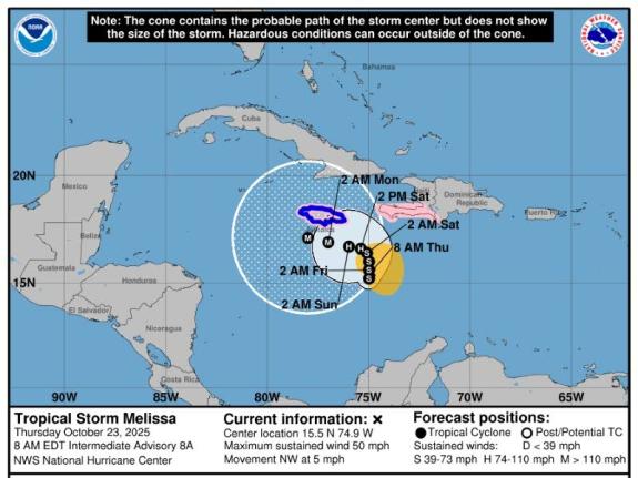 Tropical Storm Melissa's projected path.