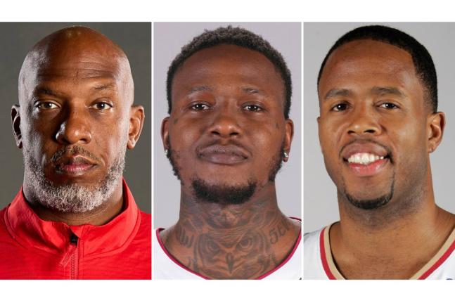 From left  Portland Trail Blazers head coach Chauncey Billups, Miami Heat guard Terry Rozier, and former Cleveland Cavaliers’ player Damon Jones. 